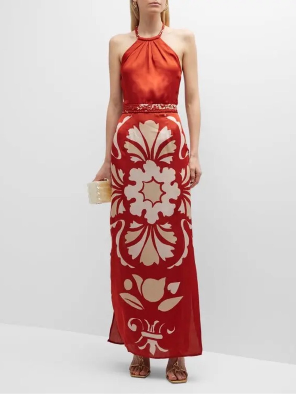 Red Halter Maxi Dress with Cream Floral Motif